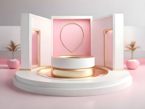 Minimalist 3D empty podium stage for product promotion advertising, with white pink gold color, luxury feel design