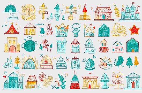 Illustration, template for wallpaper, children's clothing, fabrics, with images of houses, symbols drawn with colored pencils.
