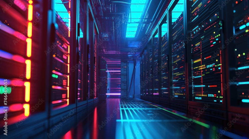 Poster Abstract data center network system. Server racks in server room data center .computer network security concept.