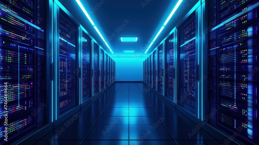 Poster abstract data center network system. server racks in server room data center .computer network secur
