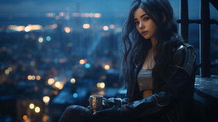 Fototapeta na wymiar Beautiful Asian woman with model looks, standing on the rooftop of a cyberpunk building with a futuristic view.