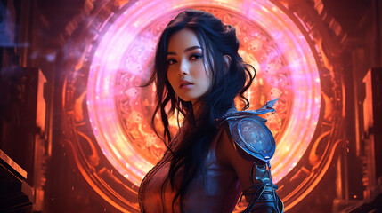 Beautiful Asian woman with model looks, emerging from a glowing portal in a cyberpunk arch.