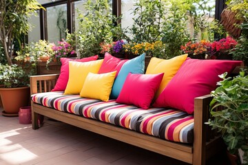 Spanish Patio Serenity: Laminate Benches and Vibrant Cushions