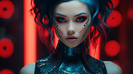 Beautiful Asian woman with model looks, doing cyberpunk-style cosmetic makeup.