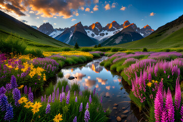 landscape with flowers, amidst a field of blooming wildflowers a meandering river - Powered by Adobe