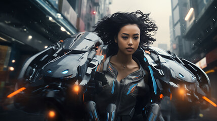 Beautiful Asian woman with model looks, flying on futuristic transport in a cyberpunk city.