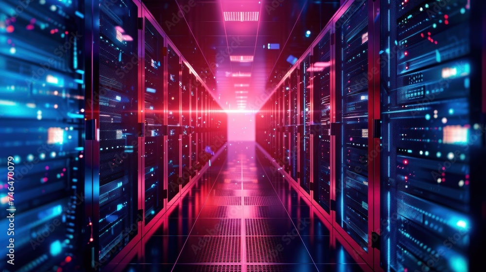 Poster abstract data center network system. server racks in server room data center .computer network secur