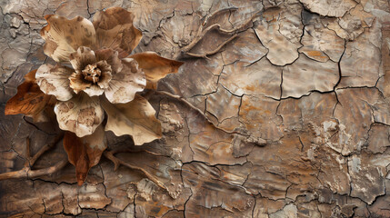 Dry flower against decorative bark.