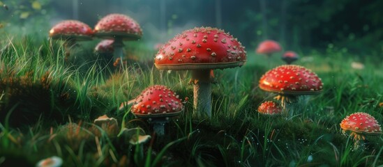A cluster of toxic red mushrooms stands out against the backdrop of a vibrant, grassy field. These poisonous fungi serve as a stark contrast to the otherwise serene landscape.