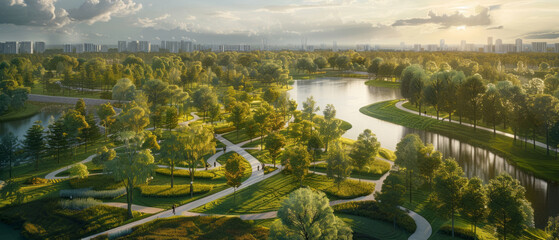 Aerial view of a lush urban park at sunset, featuring a tranquil lake, winding pathways, and the city skyline in the distance, illuminated by the warm golden light of the setting sun.