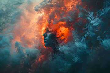 Female portrait close up mixed with clouds and smokes