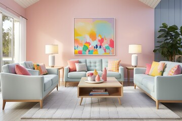 Pastel Sofa Paradise: Mid-century Homes' Bright Living Room Vibes