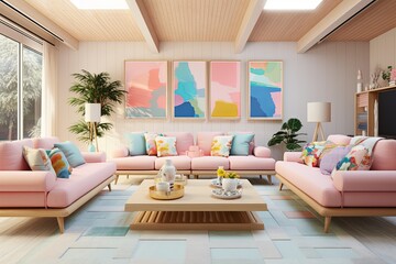 Bright Pastel Living Room: Mid-Century Homes Featuring Stylish Pastel Sofas