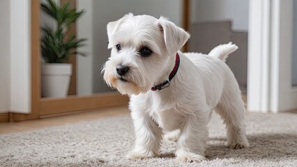 White miniature schnauzer dog in the living room