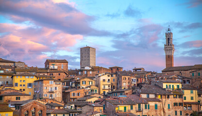 panorama of Siena at sunset, pink, Italy - obrazy, fototapety, plakaty