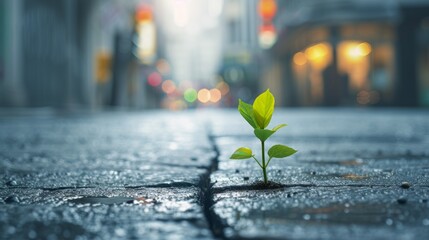 In the middle of a city street, a small plant emerging from a crack in the pavement, symbolizing...
