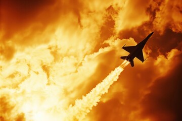 A jet airplane flies high with a trail against a fiery orange sky with dramatic clouds
