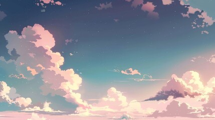 Pastel Sky Anime Scene with Fluffy Clouds - Minimalistic Design