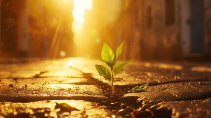 Small green plant sprouting from a crack in a paved surface, illuminated by golden sunlight. The...