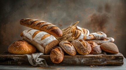 An assortment of freshly baked breads of various shapes on a wooden rustic surface. Concept: culinary blog topics and bread recipes
