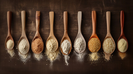Wooden spoons of various gluten-free flours arranged in a row - almond flour, oatmeal flour, buckwheat flour, rice flour, corn flour, on a brown rustic background
