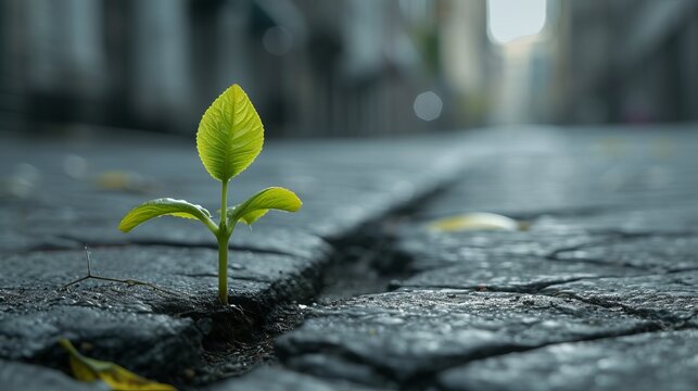 A small plant bravely growing in the middle of a city street, showcasing the beauty of nature's resilience in urban environments or as a metaphor for strength and perseverance