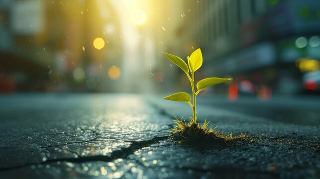 the resilience of nature as a small plant emerges from a crack in the pavement of a bustling city street. Concept: environmental awareness or as a metaphor for strength and perseverance.