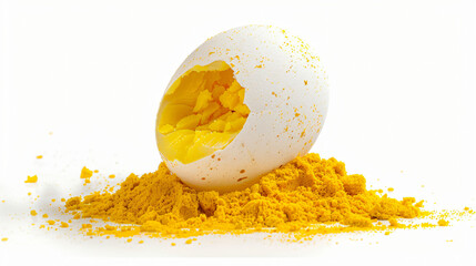 Egg and turmeric on a white background.