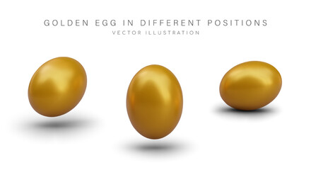 Realistic golden egg in different positions. Decorative metal decoration for Easter