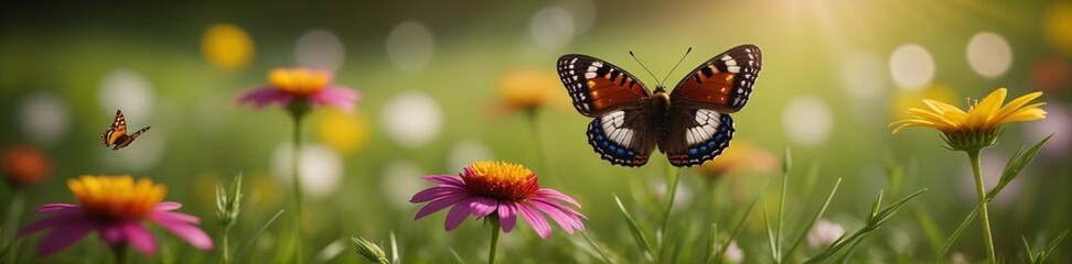 Fototapeta na wymiar Frühlingsblumenwiese mit Schmetterlingen im Bannerformat.
