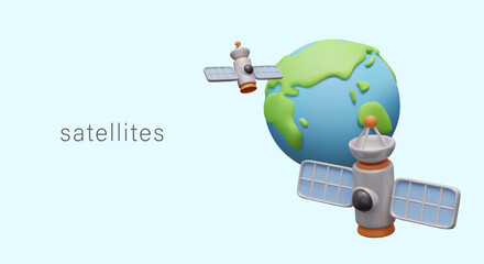 Satellites with solar panels fly around Earth. Realistic vector template