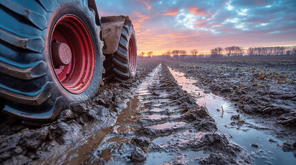 Tractor track in wet field. - obrazy, fototapety, plakaty