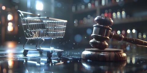 Consumption and justice, anti-counterfeiting, shopping and fairness，Wooden judge gavel and shopping cart on black table. Commercial law and consumers rights concept - obrazy, fototapety, plakaty