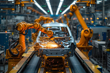 robotic welding of car bodies at car manufacturing factory line