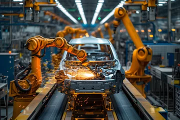 Fotobehang robotic welding of car bodies at car manufacturing factory line © lucky pics