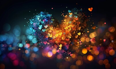 Big heart shape on a black background, valentine's day, heart particle, confetti,  blurry bokeh, multicolor rainbow hearts, love, romantic, hearts, haze, lights, blurred, Generative AI