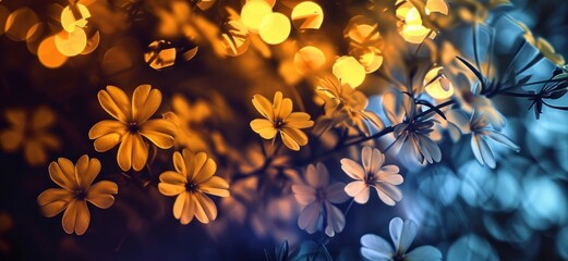 Blurry flowers, bokeh shaped like flowers, blurred lights, depth of field, blurred flower...
