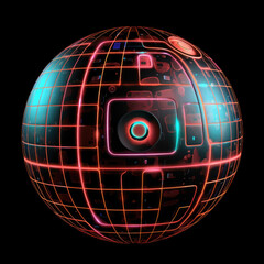 Metal Futuristic globe Sphere with glowing neon lines on dark background