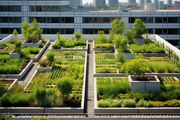 Obraz premium Grid Plant Layouts: Modern Minimalist Rooftop Garden Designs in Urban Scene