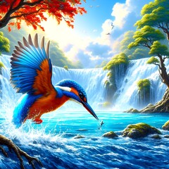 majestic kingfisher diving into the water near a cascading waterfall AI Generated.