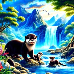  illustration of a family of otters playing in a rocky stream beneath a pictures.