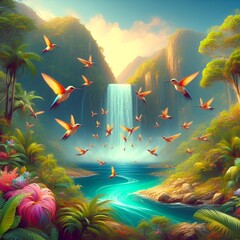  a group of hummingbirds hovering around a vibrant tropical waterfall.