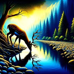 Graceful deer drinking from a tranquil stream.