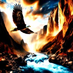 image of a majestic eagle soaring high above a roaring waterfall in a rugged 