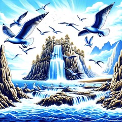 
A group of seagulls soaring above a rocky coastline, with a water