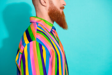 Cropped profile side photo of elegant nice man showing his long red beard isolated on cyan color...