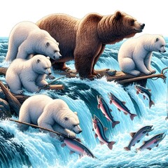 A family of bears fishing for salmon in a rushing river.