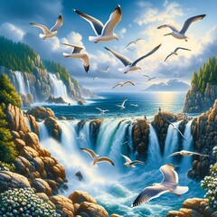 llustration of a group of seagulls soaring above a rocky coastline, with a water