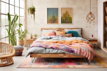 Bohemian-Rug Dreamscapes: Modern Eclectic Mix Bedroom Ideas with Wooden Bed Frame
