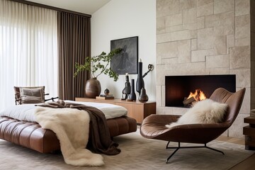 Brown Leather Seat Bedroom Ideas: Modern Eclectic Mix with Fireplace Side for Design Balance